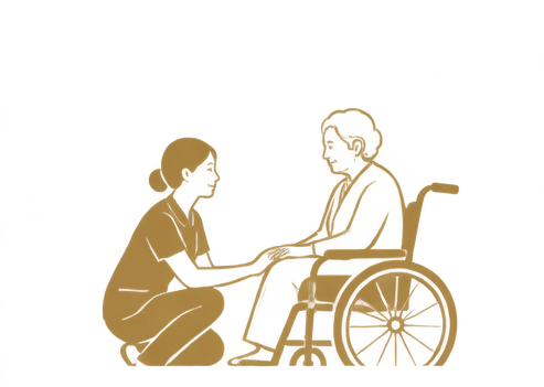 車椅子のお客様に寄り添うスタッフのイラスト