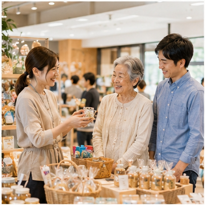 マルシェの出店スタッフが商品を説明する様子