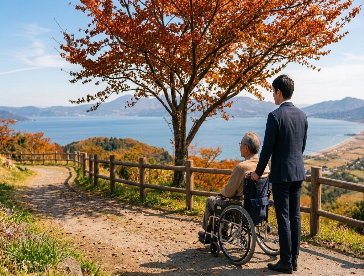 紅葉の湖畔で車椅子のお客様に付き添うドライバー